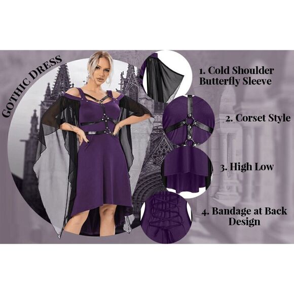 💜 Goth Harness Cold Shoulder Butterfly Sleeves Cosplay Purple Dress SIZE 6 NWT - Picture 12 of 16